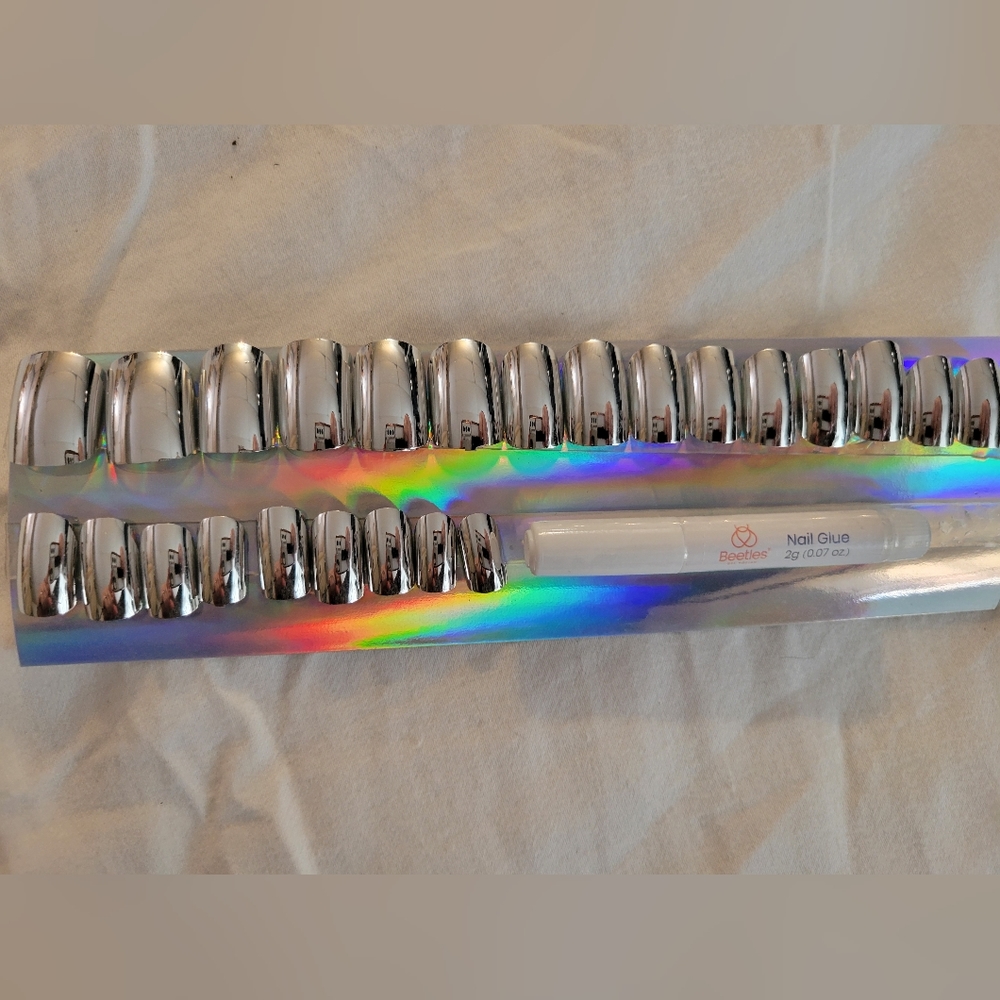 SILVER CHROME MIRROR PRESS ON GLUE ON NAILS 💅 SALON QUALITY GLUE & FILE - Picture 10 of 14